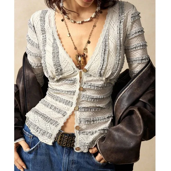 Boho Color Block Lace Button Down Fitted Long Sleeve Top - Picture 6 of 6